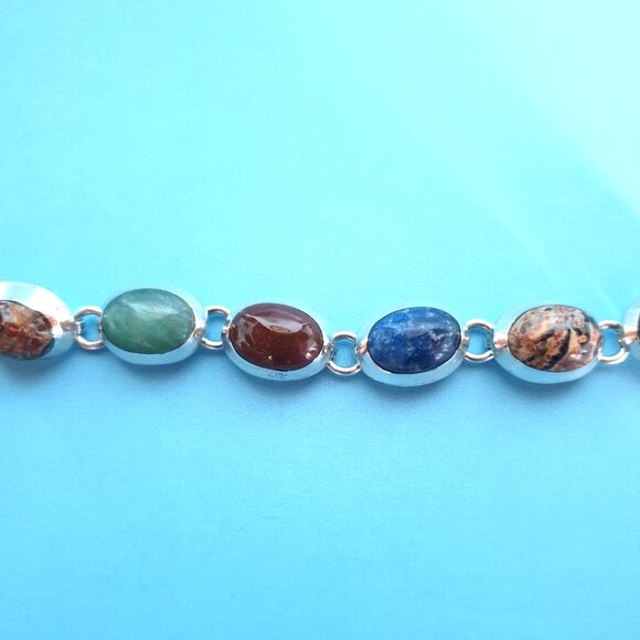 Chunky Vintage Taxco Mexico TH-75 Sterling Silver Multi-Gemstone Link Bracelet - Picture 7 of 16